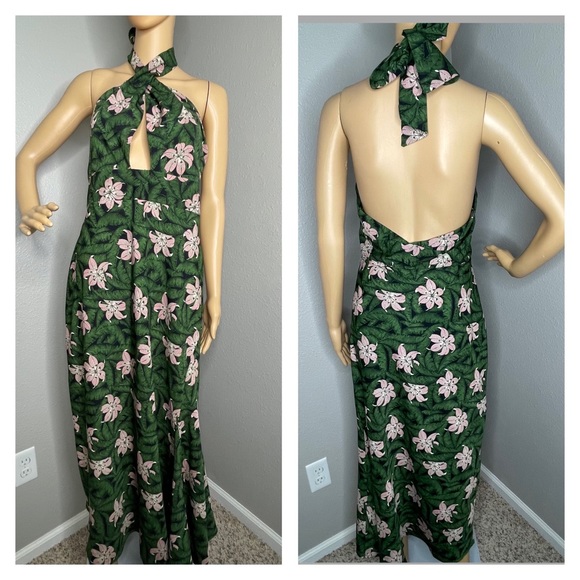 NWT Topshop Hibiscus Floral Halter Neck Midi Dress Green and Pink Size 12 - Picture 2 of 9